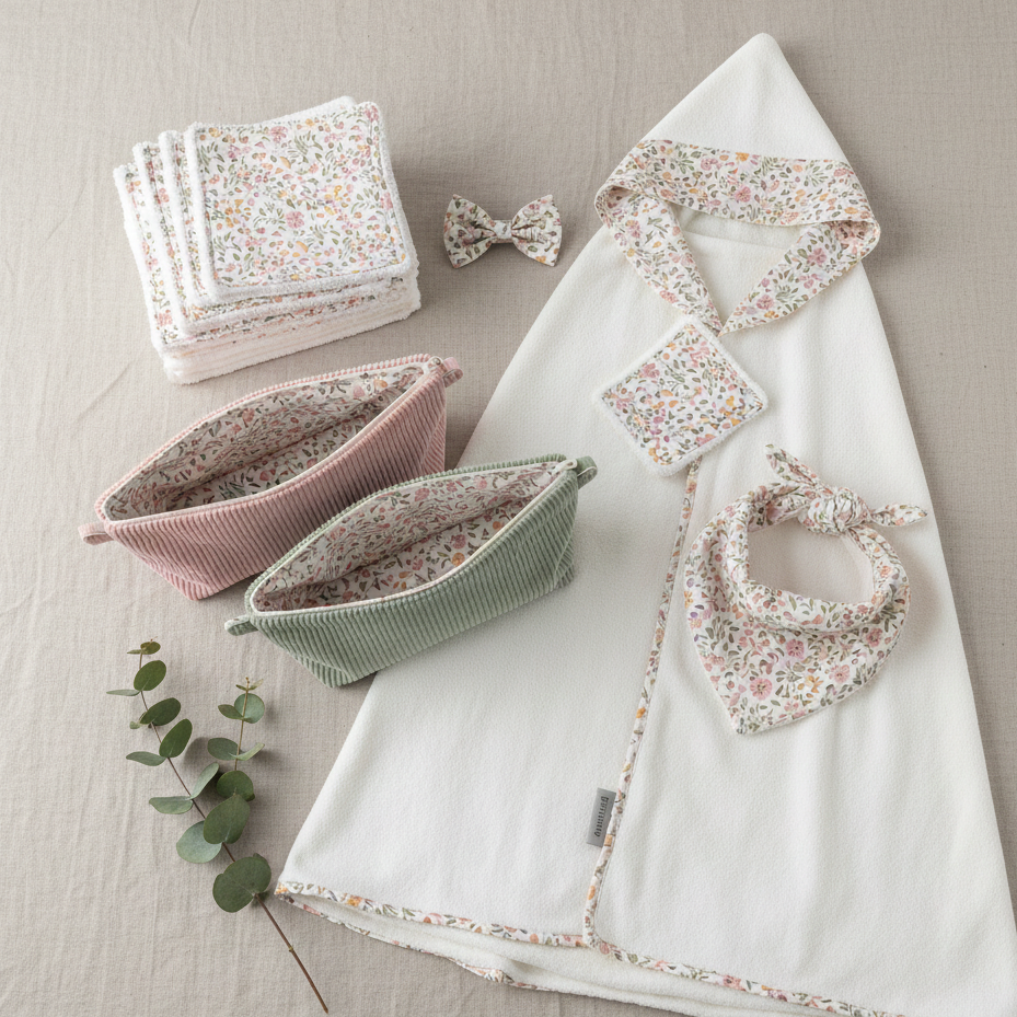 Parure naissance artisanale comprenant cape de bain, bavoir et trousse en velours, confectionnée à la main en France.