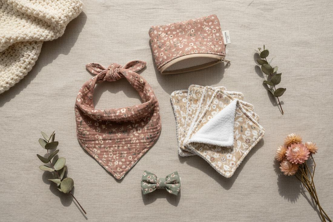 Coffret naissance artisanal avec bavoir, lingettes en coton et accessoires faits main en France par l'Atelier de Megh.