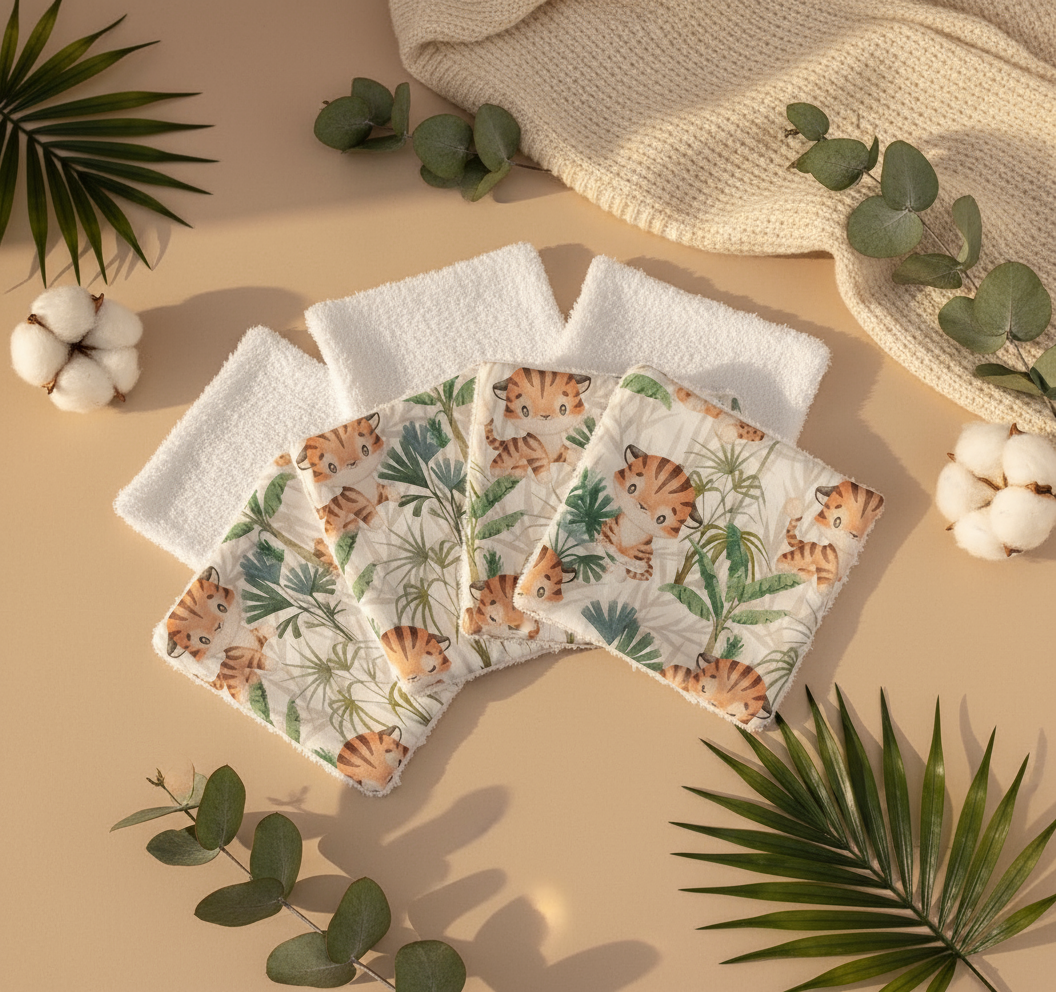 Lot de lingettes lavables bébé motif tigre et jungle en coton, présentées en mise en scène douce et naturelle.