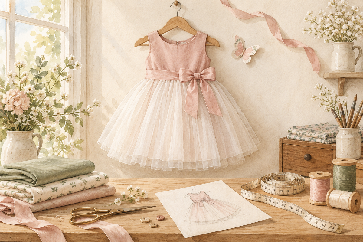Illustration d’une robe d’anniversaire rose poudré et ivoire dans un atelier de couture.