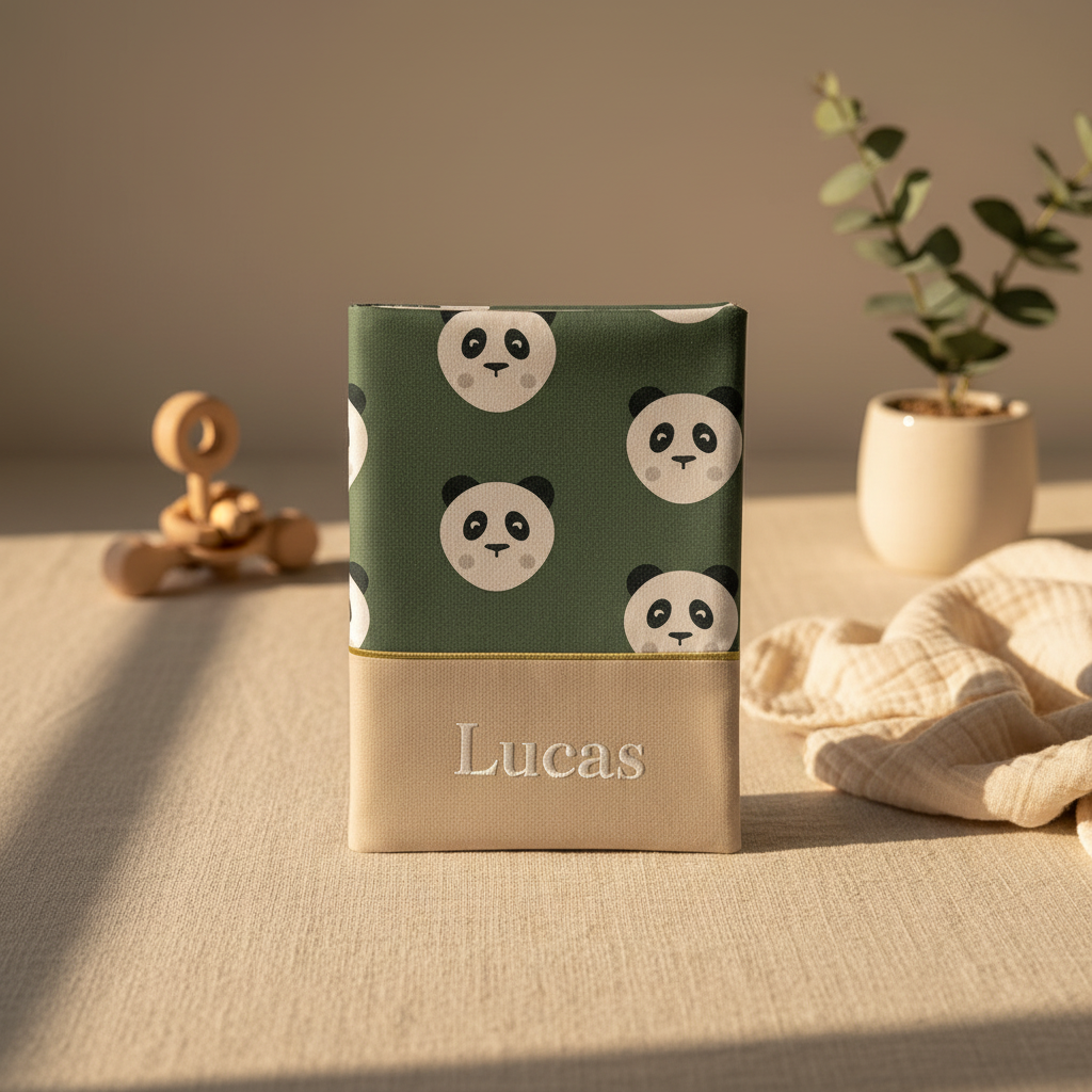 Protège carnet de santé personnalisé posé debout sur une table, mis en valeur par une lumière douce et une décoration en bois naturelle.