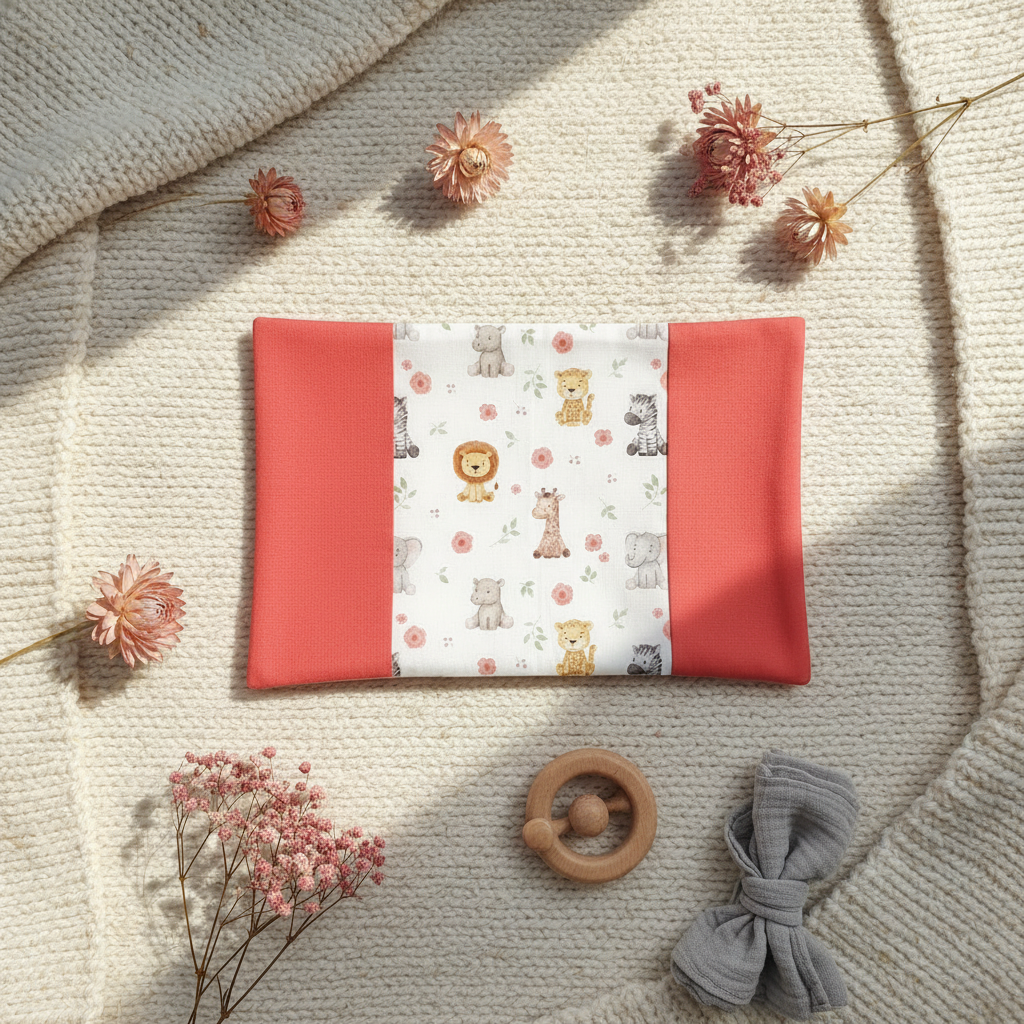 Composition à plat sur couverture en maille : protège carnet de santé safari ouvert, accompagné d'un hochet en bois et de fleurs séchées.