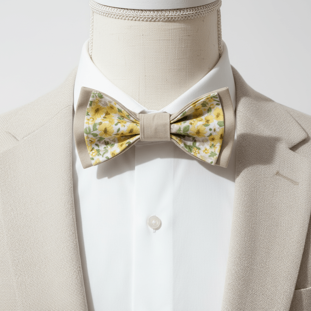 Gros plan d'un nœud papillon artisanal à motifs fleurs jaunes sur un buste de couture avec veste de costume beige.