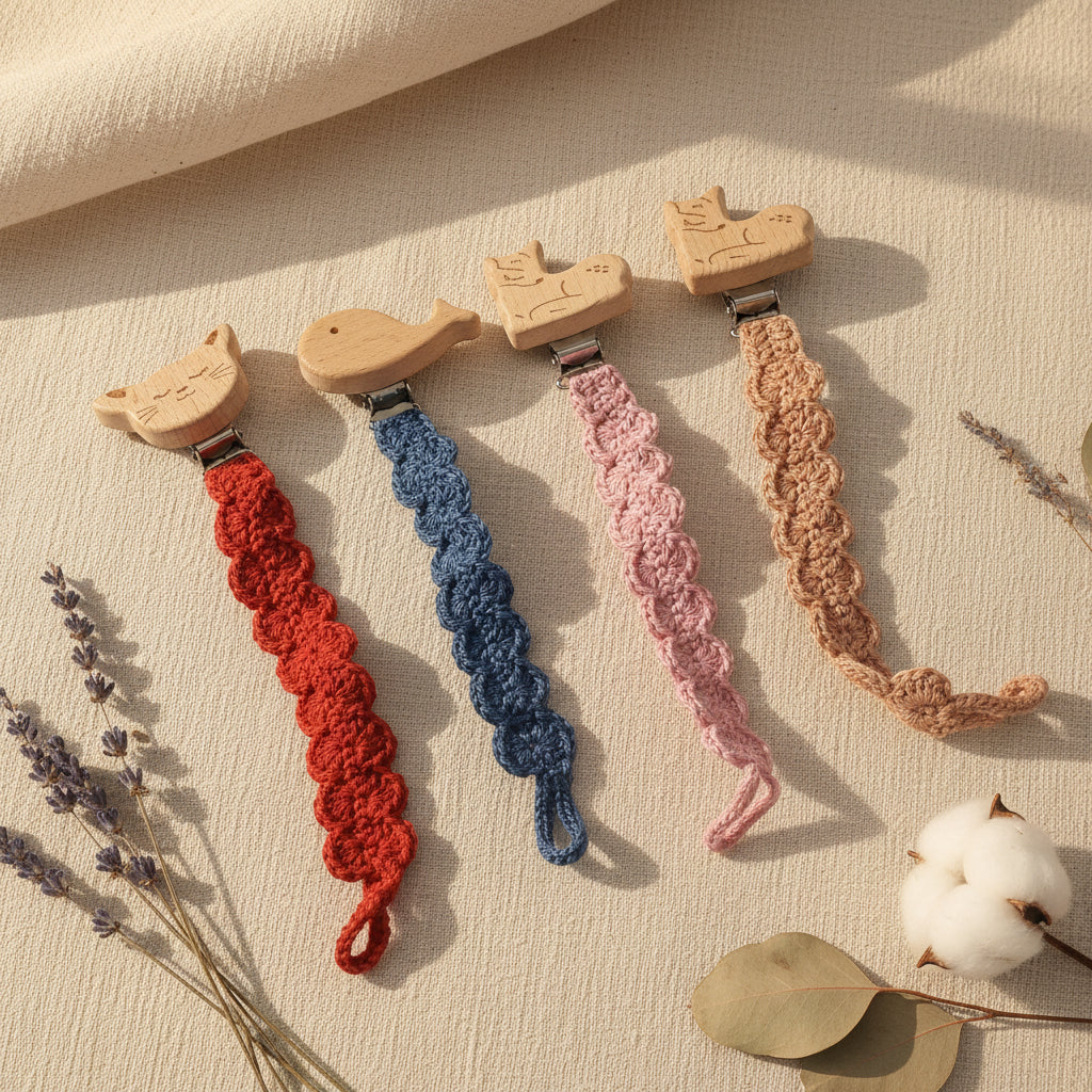 Collection d'attaches-tétines au crochet avec clips en bois forme animaux — terracotta chat, bleu canard baleine, rose poudré faon et caramel chat