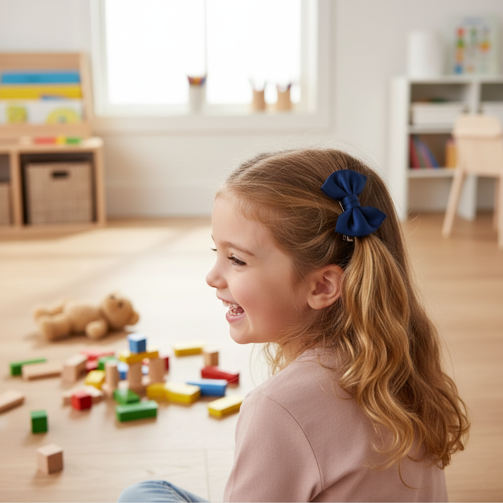 Petite fille souriante de profil portant une barrette nœud bleu marine dans ses cheveux châtains, jouant dans une chambre d'enfant lumineuse avec des blocs en bois.