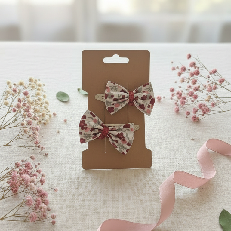 Duo de barrettes à nœud floral rouge et bordeaux présenté dans une ambiance douce avec ruban rose et fleurs séchées. Accessoire de coiffure élégant pour fille.