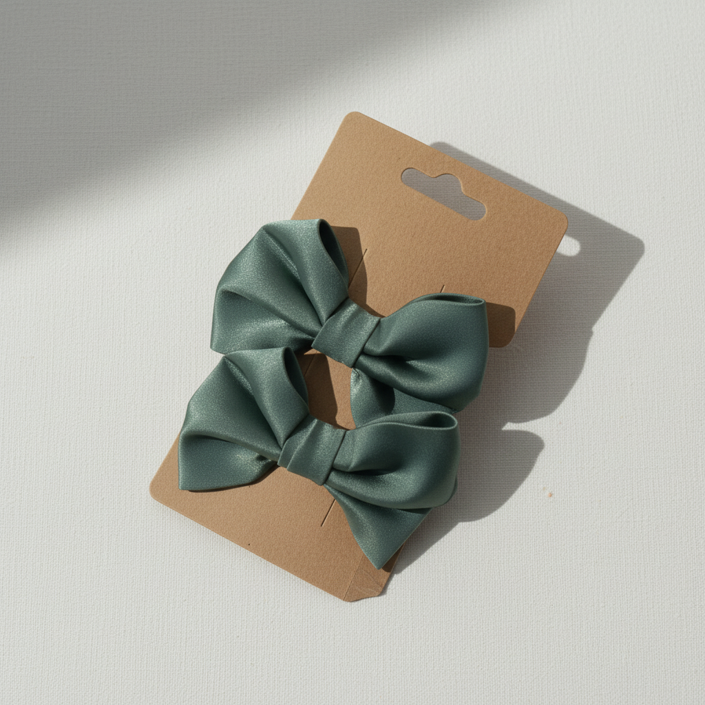 Duo de barrettes nœud en satin vert sauge sur carte kraft, accessoire coiffure cérémonie enfant.
