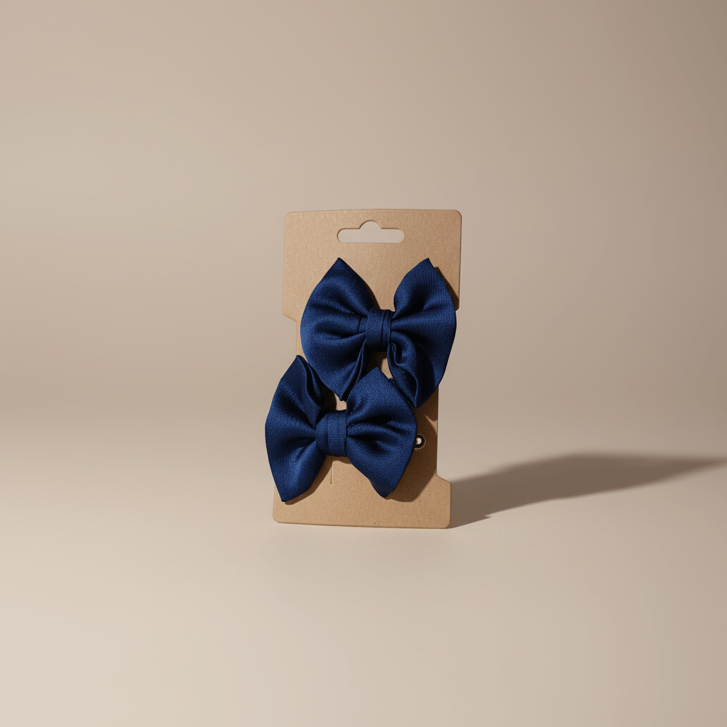 Lot de deux barrettes cheveux enfant, nœuds en tissu bleu, sur carte kraft.