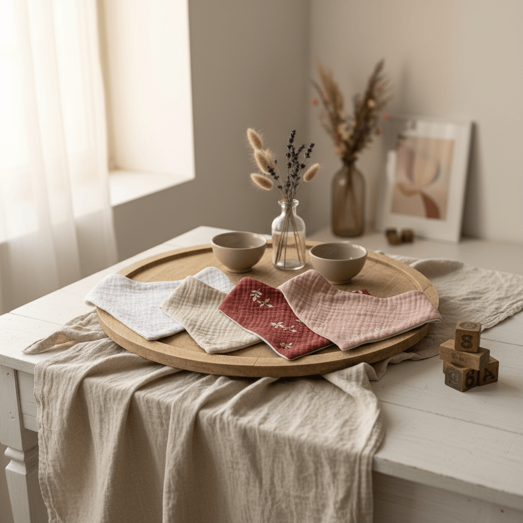 Lot de quatre bavoirs bandana bébé en double gaze brodée, coloris blanc ivoire beige terracotta et rose poudré, disposés en éventail sur plateau en bois avec fleurs séchées