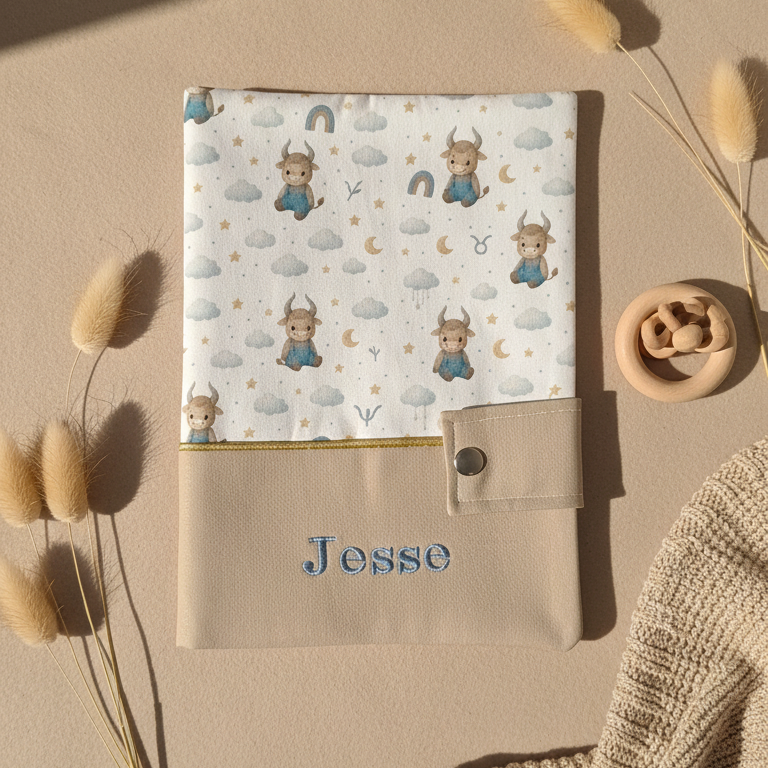 Détail broderie prénom sur protège carnet de santé beige.