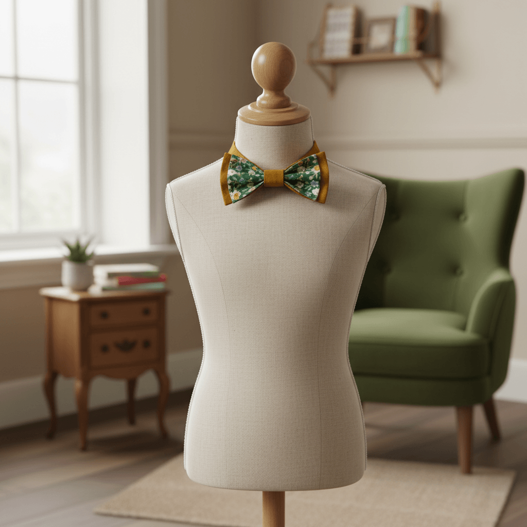Nœud papillon bicolore caramel et fleurs présenté sur un buste de mannequin, accessoire élégant pour costume de mariage.