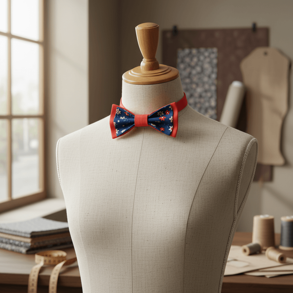 Nœud papillon double épaisseur rouge vif et tissu floral bleu marine présenté sur un mannequin de couture dans un atelier.