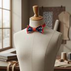 Nœud papillon double épaisseur rouge vif et tissu floral bleu marine présenté sur un mannequin de couture dans un atelier.
