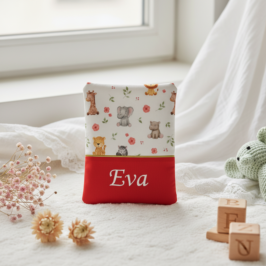 Protège carnet de santé brodé Eva présenté près d'une fenêtre lumineuse avec des cubes en bois et une peluche en crochet.