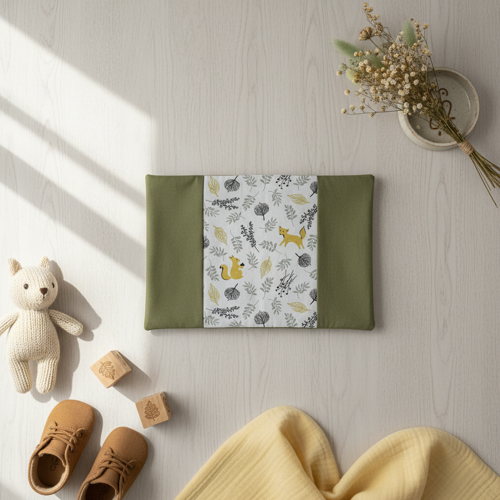 Mise en scène douce sur parquet blanc : protège carnet de santé ouvert motif forêt posé à côté d'un doudou en tricot beige et de cubes en bois.