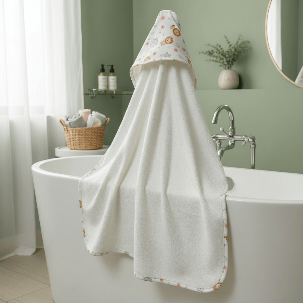 Cape de bain bébé à capuche motif animaux safari et fleurs roses dépliée sur baignoire blanche, dans une salle de bain aux murs vert sauge avec miroir rond doré