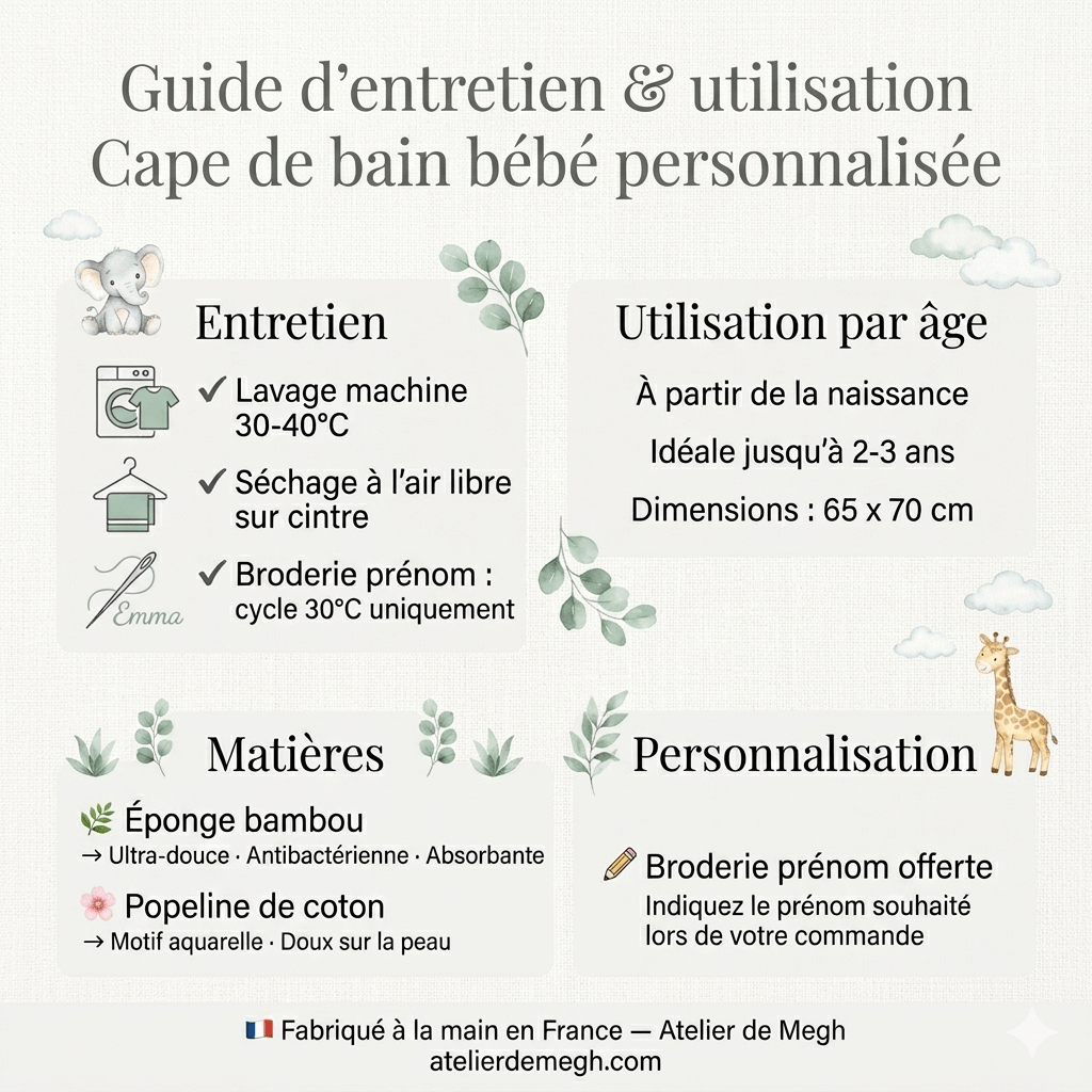 Guide d'entretien et d'utilisation de la cape de bain bébé personnalisée — matières, lavage, dimensions et broderie prénom