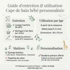 Guide d'entretien et d'utilisation de la cape de bain bébé personnalisée — matières, lavage, dimensions et broderie prénom