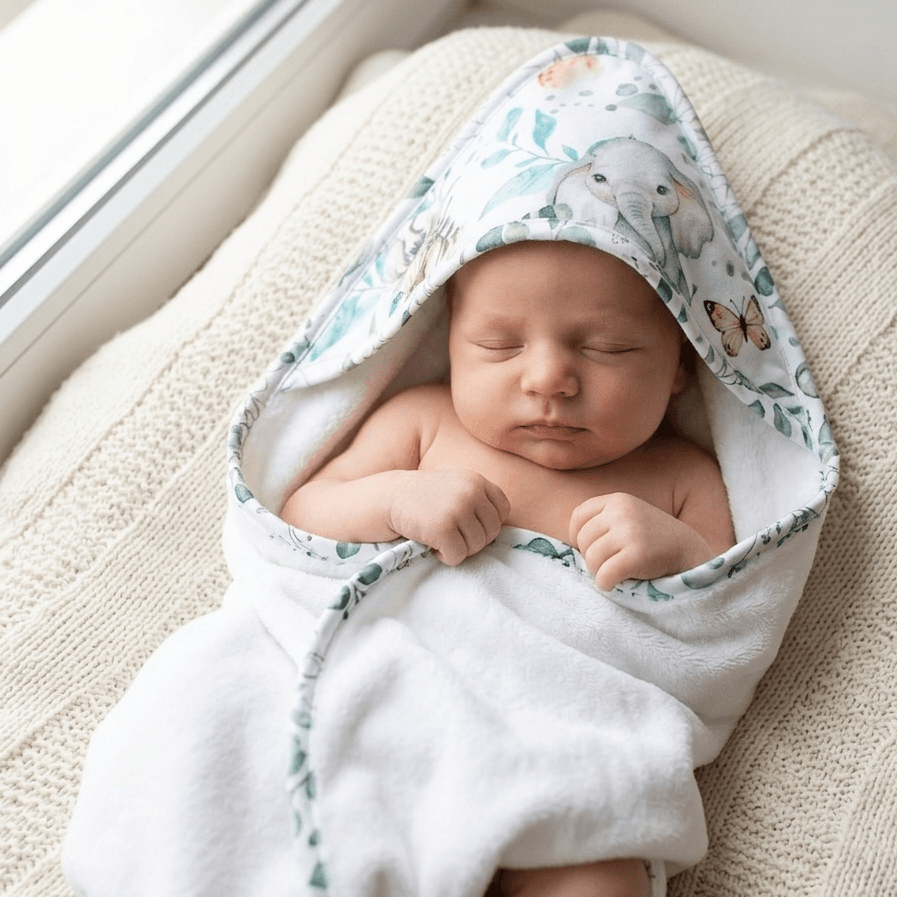 Nouveau-né endormi enveloppé dans la cape de bain personnalisée motif éléphant safari et eucalyptus, fond tricoté ivoire