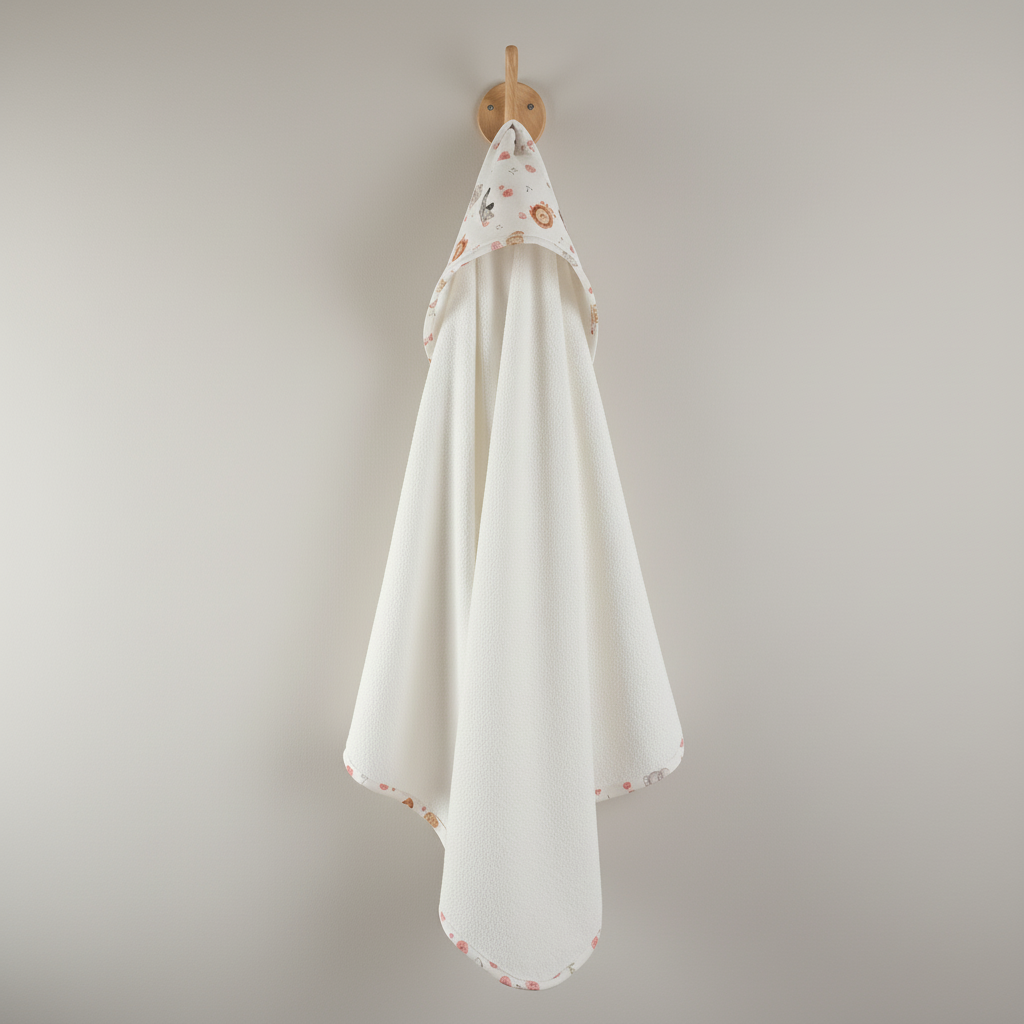 Sortie de bain à capuche pour bébé suspendue à une patère, confectionnée en éponge blanche absorbante et tissu motifs safari.