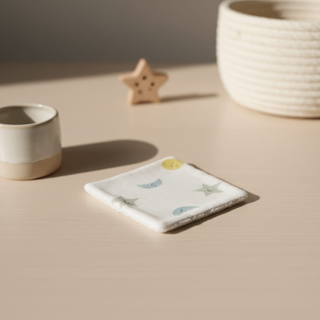 Lingette lavable individuelle posée sur une table à langer, motif étoiles et lunes douces pour la toilette de bébé.