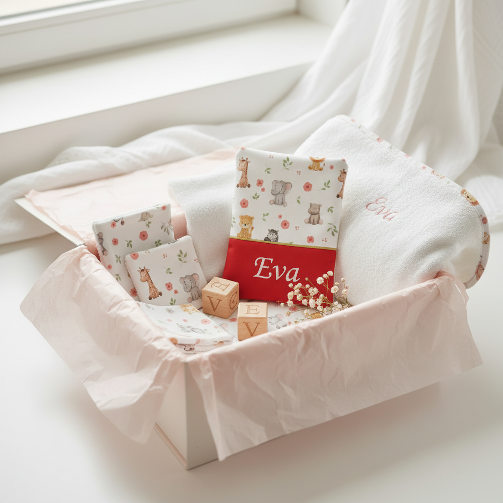 Boîte cadeau naissance ouverte présentant un trousseau complet personnalisé : cape de bain, couverture, carnet de santé et lingettes thème safari.