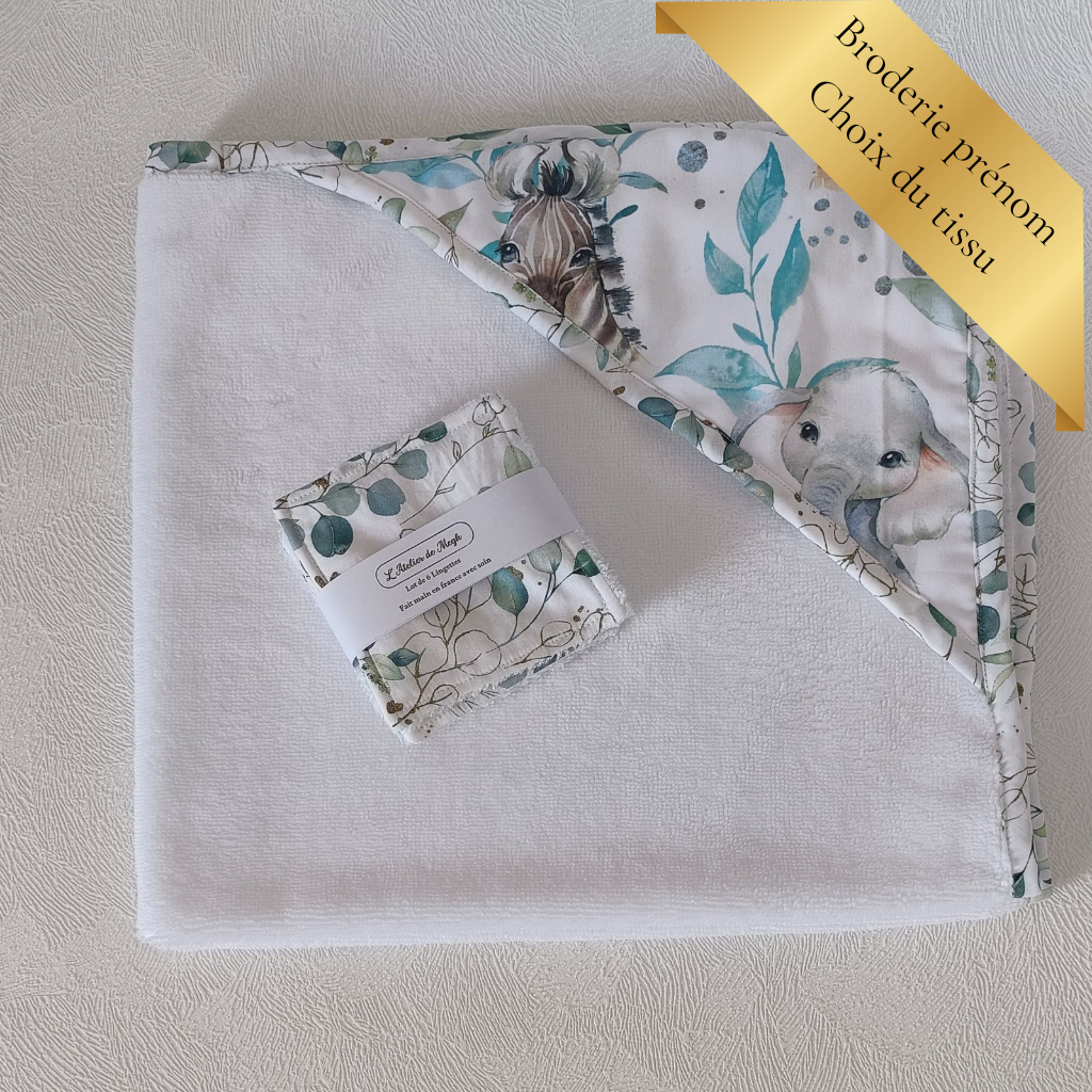Coffret naissance avec cape de bain et lingettes lavables motif éléphant aquarelle