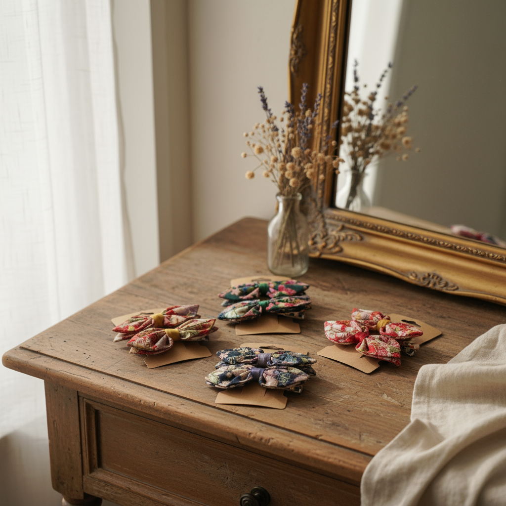Présentation d'une collection de barrettes à nœud en tissu floral (style Liberty et Japonais) disposées sur une coiffeuse en bois vintage. Ambiance romantique et artisanale.