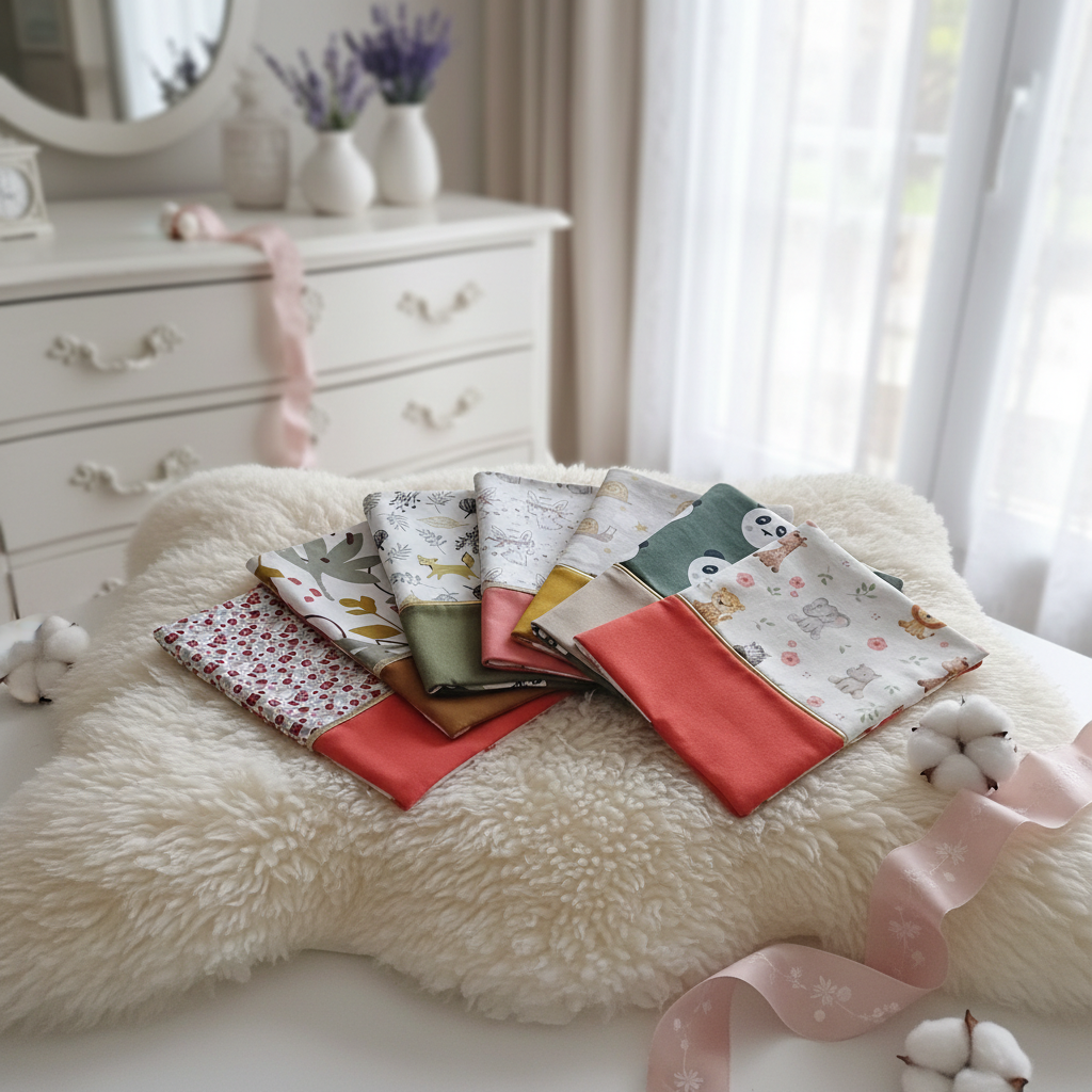 Assortiment de protèges carnets de santé faits main posés sur un tapis doux, montrant différents motifs : panda, safari, renard et fleurs.