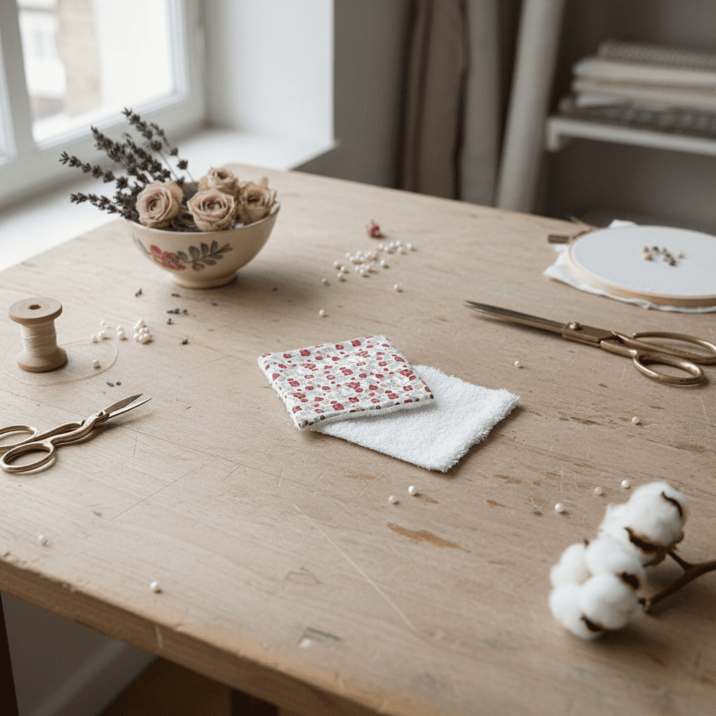 Mise en scène atelier couture montrant la fabrication artisanale des lingettes lavables fleuries.