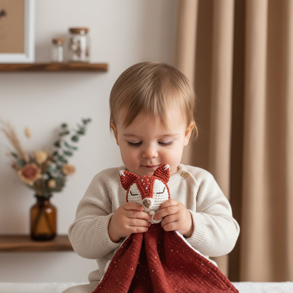 Bébé tenant un doudou renard au crochet avec lange en mousseline terracotta pailletée dorée