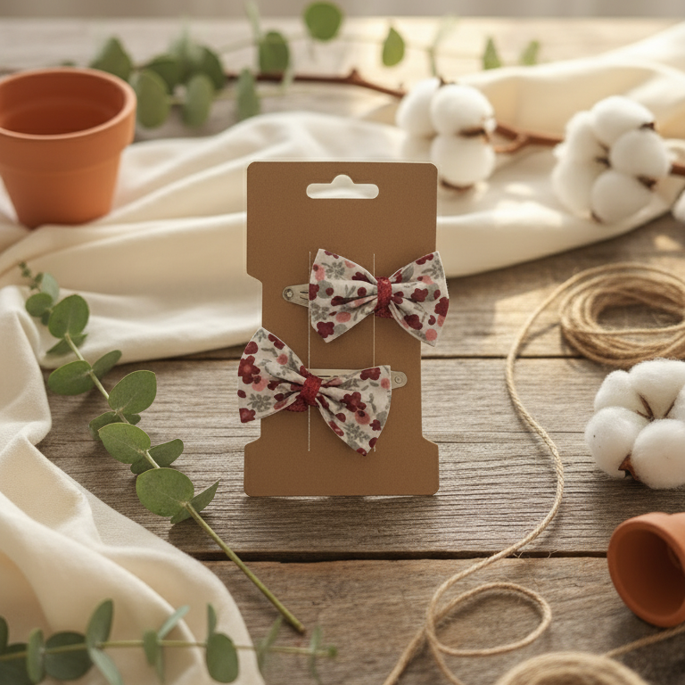 Mise en scène nature d'un duo de barrettes cheveux à nœud floral rouge et bordeaux. Décoration douce avec feuilles d'eucalyptus et fleurs de coton sur bois.