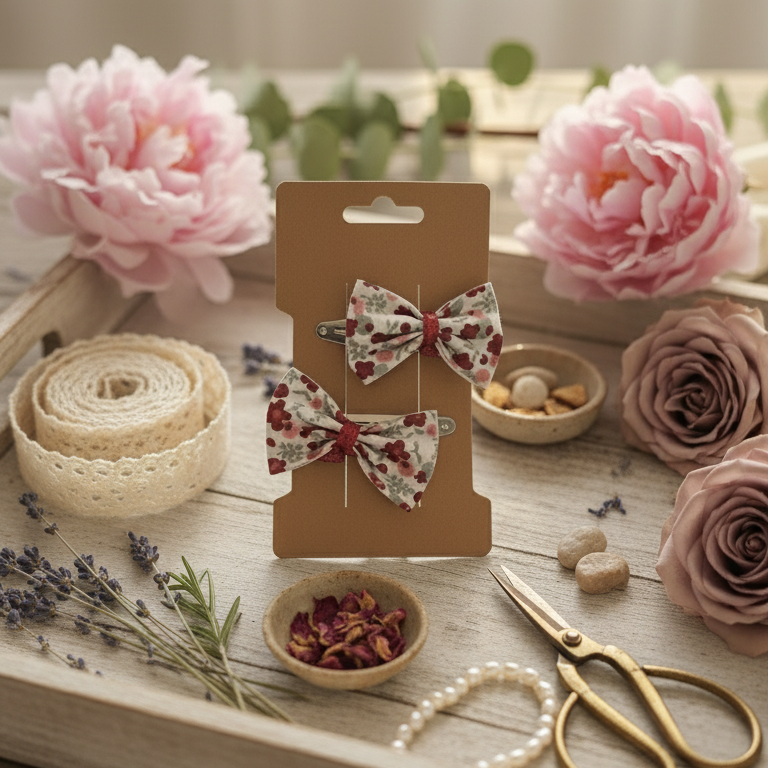 Mise en scène romantique d'un duo de barrettes clic-clac à nœud floral rouge et bordeaux. Décoration vintage avec fleurs, dentelle et ciseaux dorés pour accessoire coiffure fille.