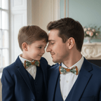 Père et fils se regardant tendrement, vêtus de costumes bleu marine rehaussés par des nœuds papillon assortis vert émeraude et caramel.