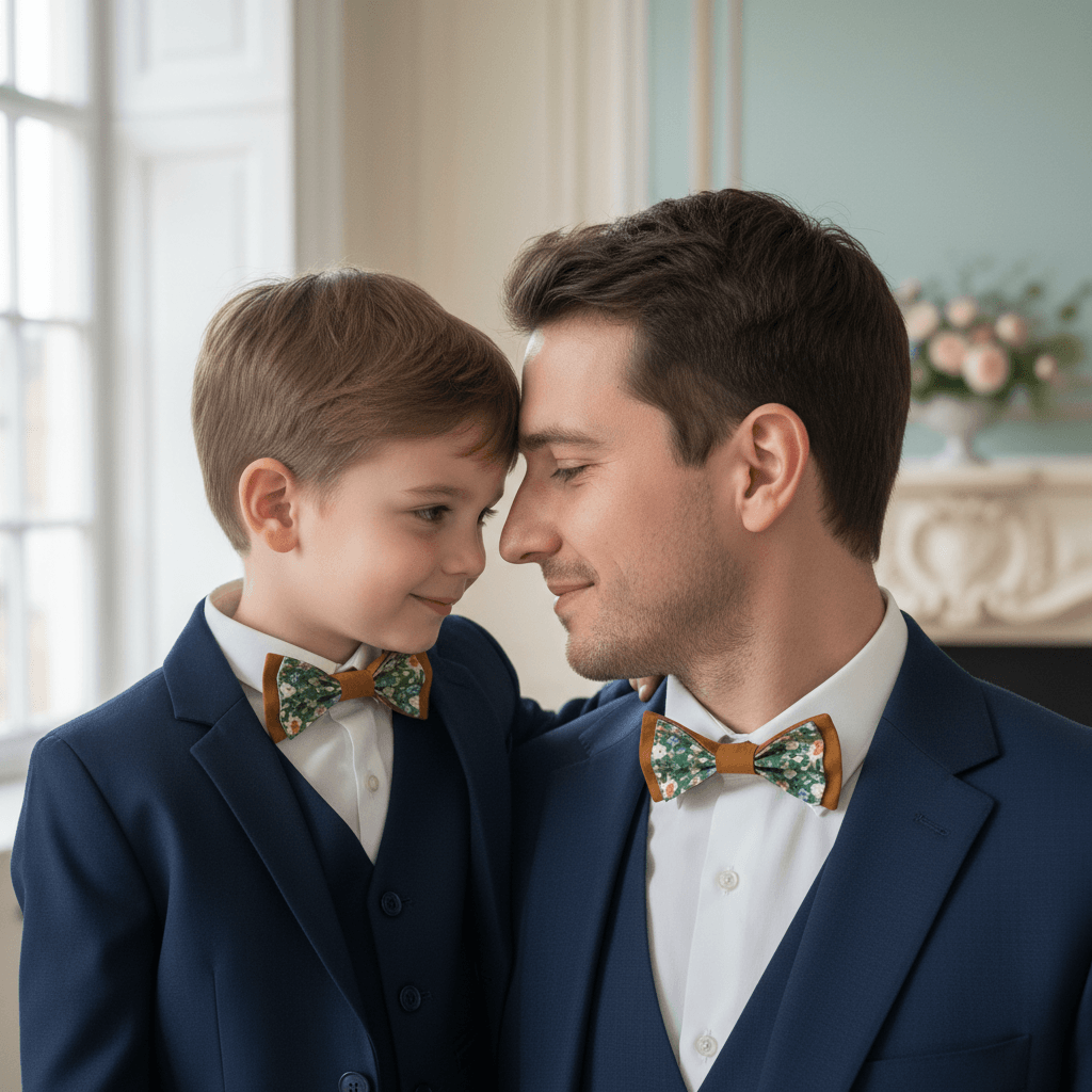 Père et fils se regardant tendrement, vêtus de costumes bleu marine rehaussés par des nœuds papillon assortis vert émeraude et caramel.