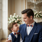 Père et fils complices en costumes bleu marine avec nœuds papillon assortis rouge et bleu pour un cortège élégant et coloré.