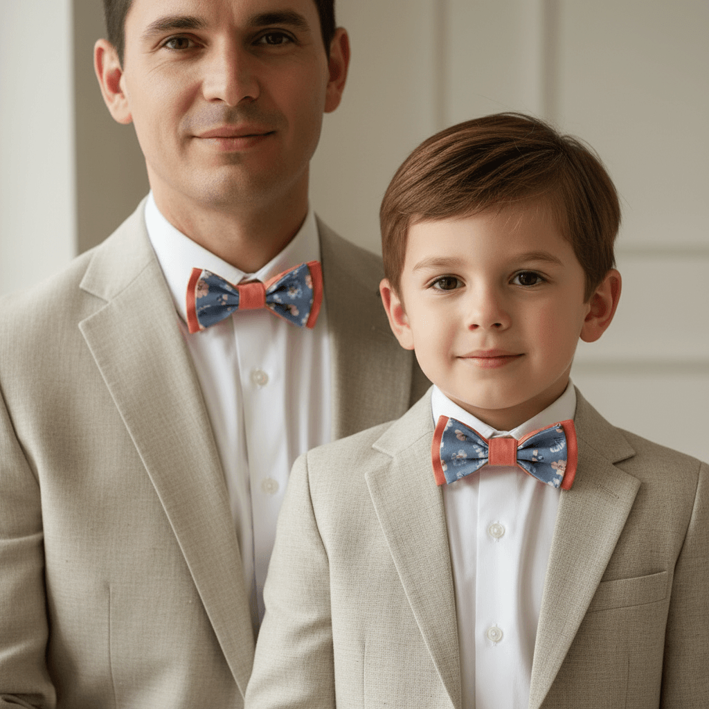 Portrait père et fils en costume beige portant des nœuds papillon assortis bicolores : tissu uni couleur corail et motif floral bleu gris.