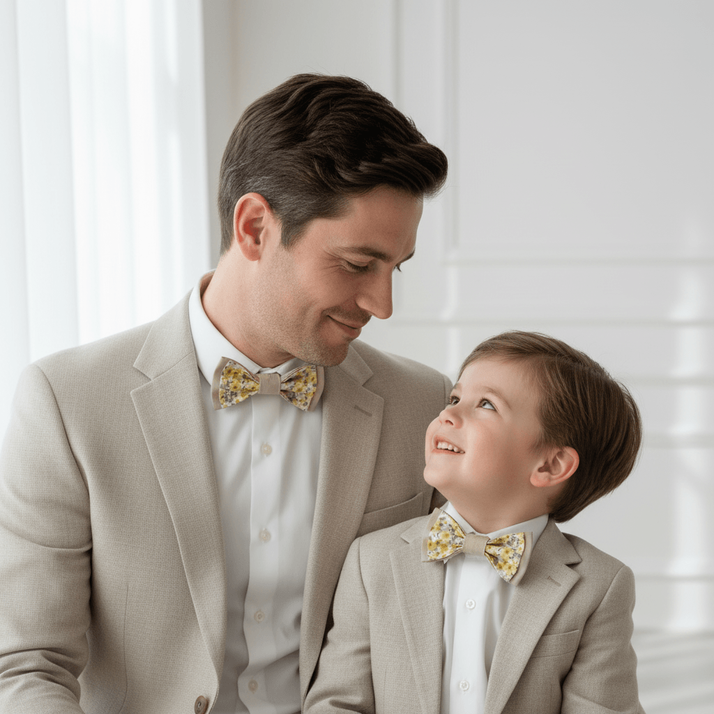 Père et fils se souriant tendrement, vêtus de costumes beiges et de nœuds papillon assortis à motif floral jaune et taupe pour un mariage champêtre.