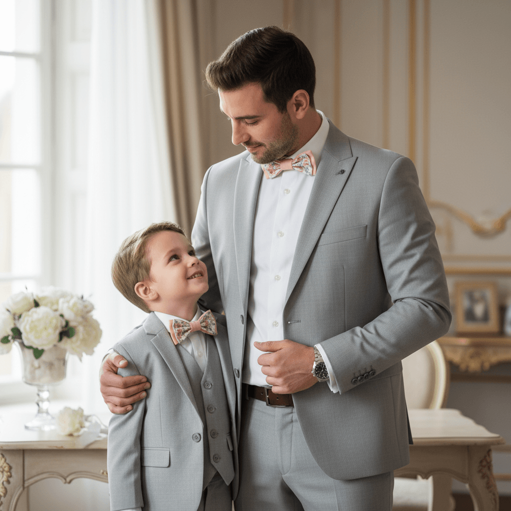 Marié et son fils se regardant, portant des costumes gris et des nœuds papillon assortis rose et fleuris pour un cortège harmonieux.