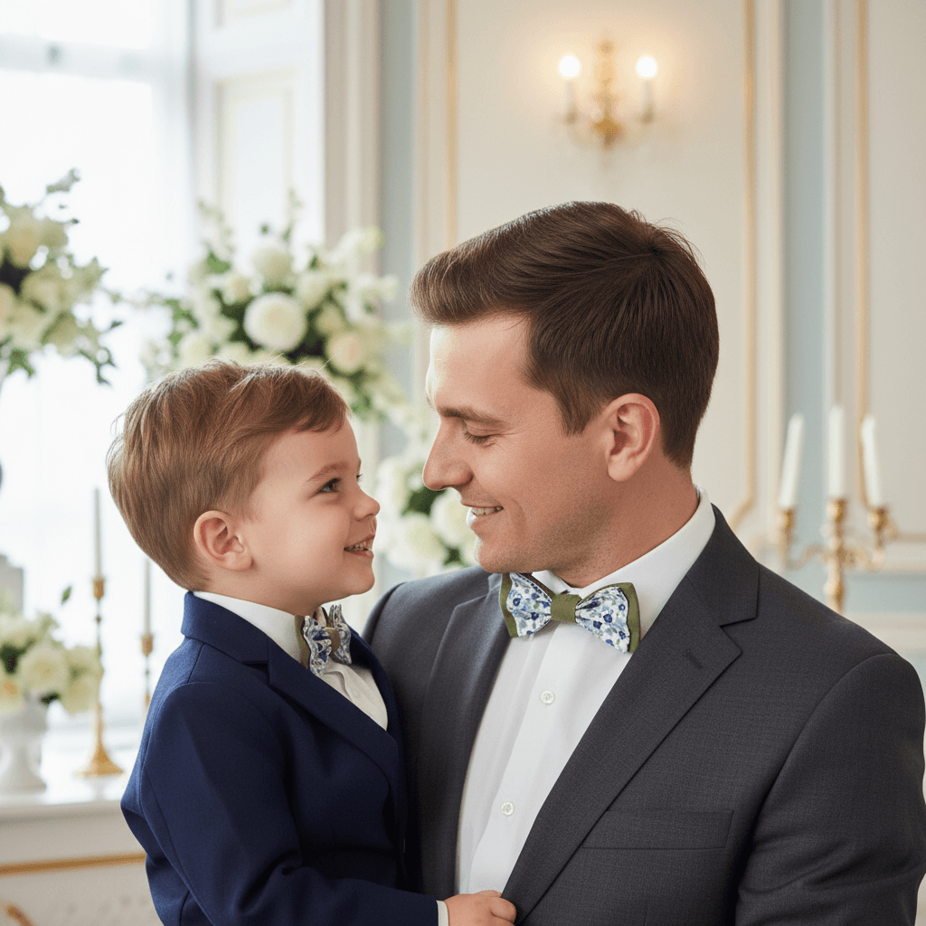 Un homme et un jeune garçon portant des nœuds papillon assortis vert olive et motif floral bleu pour un cortège de mariage élégant.