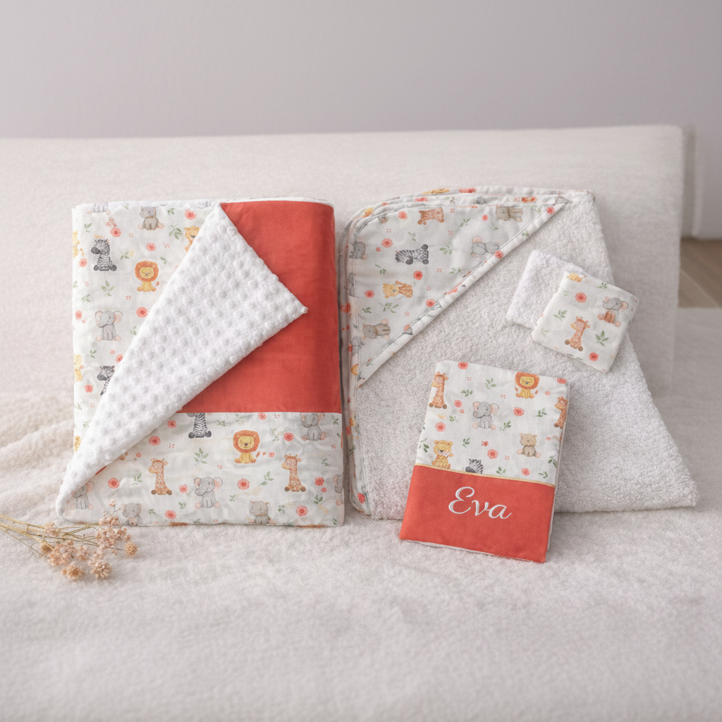 Composition douce du coffret naissance personnalisé Eva disposé sur un fond blanc moelleux, idéal pour une liste de naissance.