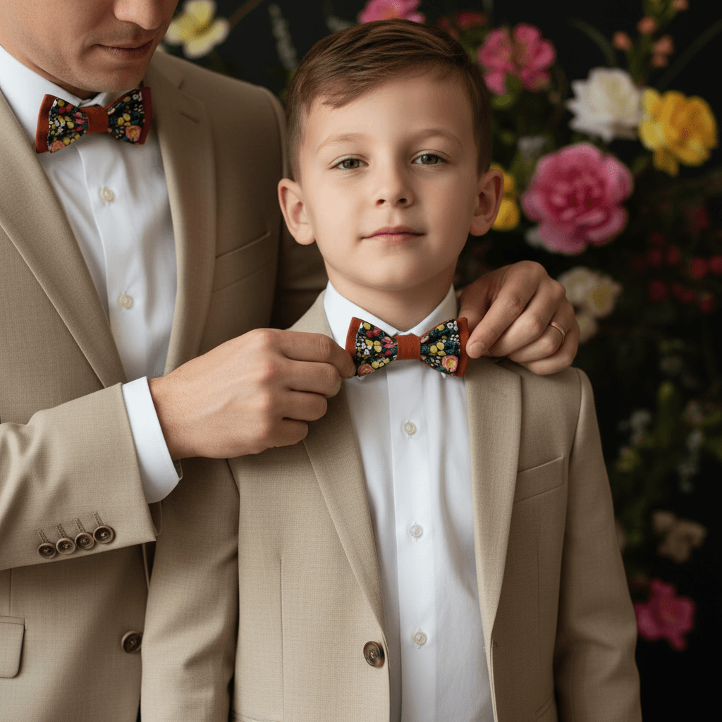Père ajustant le nœud papillon de son fils, tous deux en costume beige avec des accessoires assortis couleur rouille et motif floral pour un mariage d'automne.
