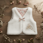 Gilet de berger bébé en fausse fourrure blanche posé à plat. Détail du petit nœud en tissu fleuri assorti à la doublure. Mise en scène poétique sur fond bois avec fleurs séchées.