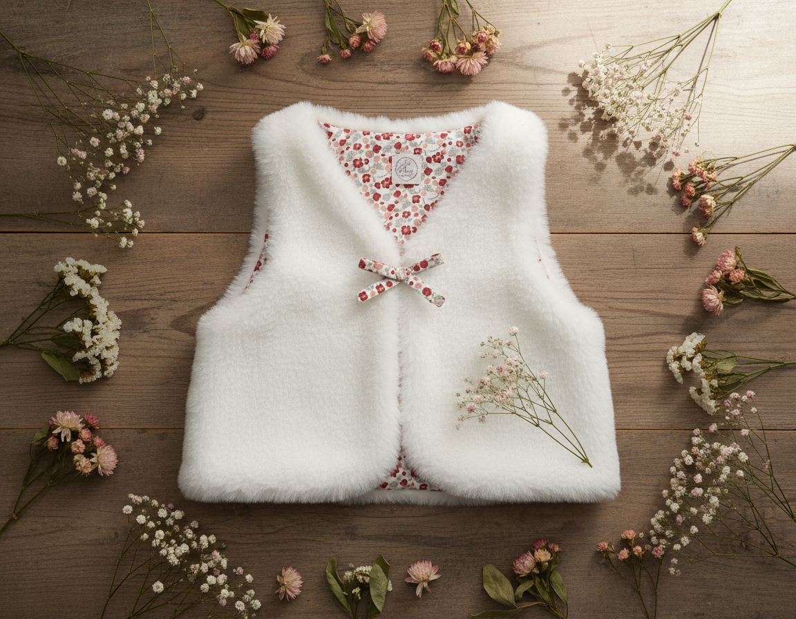 Gilet de berger bébé en fausse fourrure blanche posé à plat. Détail du petit nœud en tissu fleuri assorti à la doublure. Mise en scène poétique sur fond bois avec fleurs séchées.