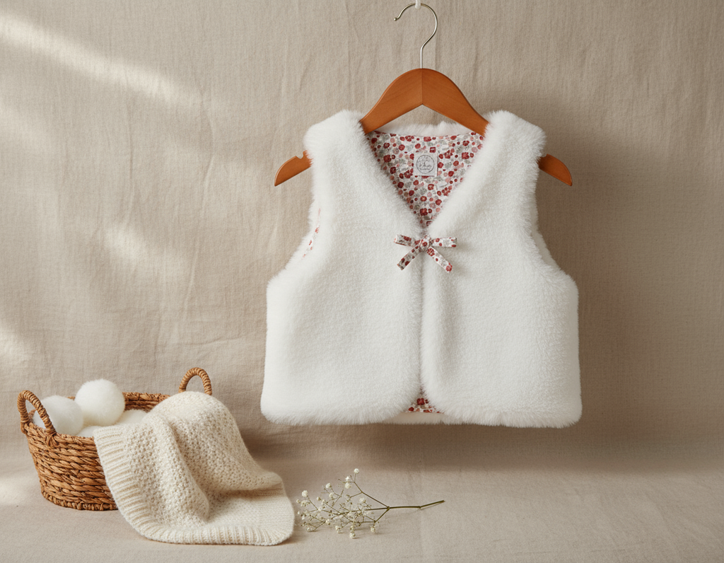 Gilet de berger pour bébé en fausse fourrure blanche présenté sur un cintre en bois. Vue de face montrant la fermeture par petit nœud fleuri. Ambiance douce et cocooning.