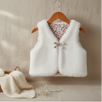 Gilet de berger pour bébé en fausse fourrure blanche présenté sur un cintre en bois. Vue de face montrant la fermeture par petit nœud fleuri. Ambiance douce et cocooning.