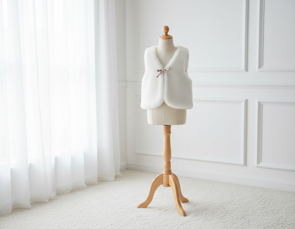 Gilet de berger blanc présenté sur mannequin.