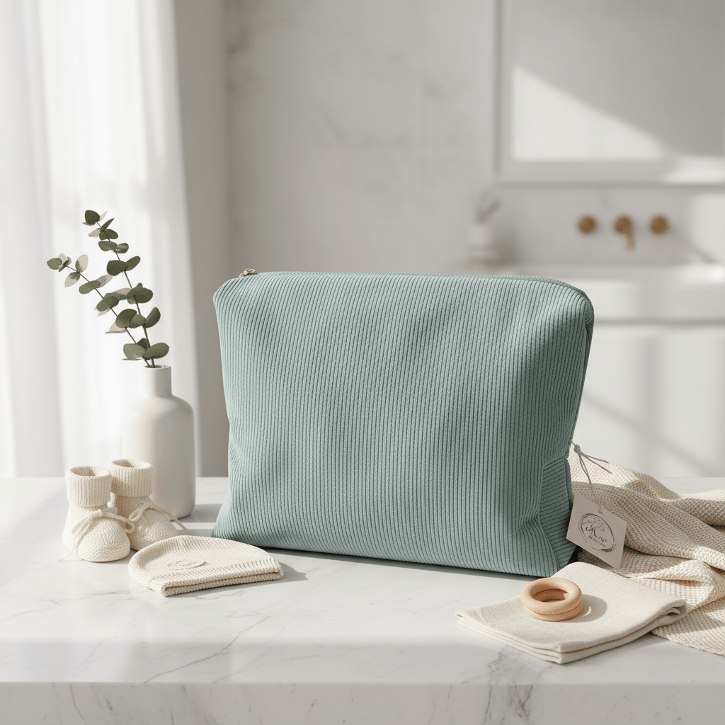 Grand vanity de maternité spacieux en velours côtelé doux couleur vert sauge, présenté avec des accessoires de naissance pour bébé dans une ambiance lumineuse.