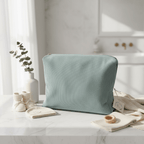 Grand vanity de maternité spacieux en velours côtelé doux couleur vert sauge, présenté avec des accessoires de naissance pour bébé dans une ambiance lumineuse.