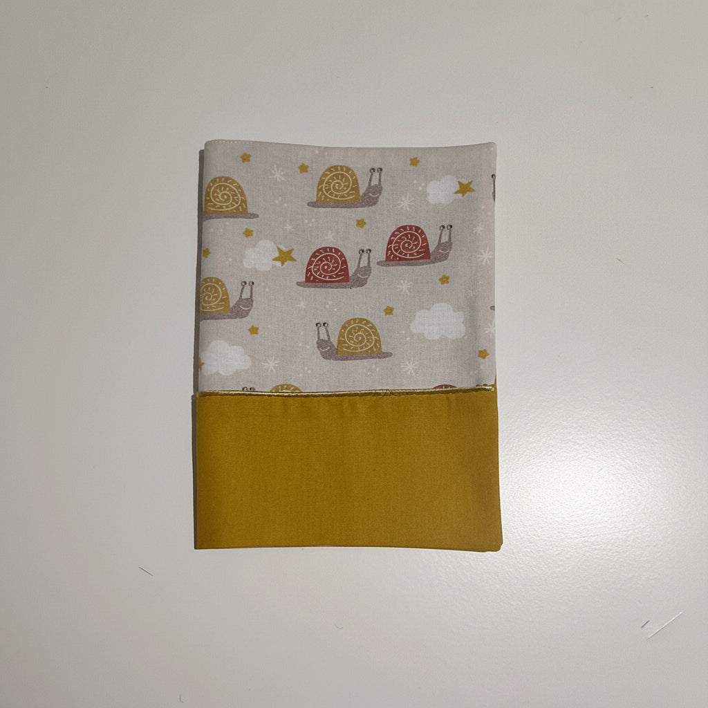 Vue de face d'un protège carnet de santé fait main en tissu ocre et imprimé escargots gris et rouges, avec prénom brodé en blanc.